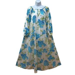 VTG Blue Floral Silky Full Sweep Nylon Nightgown Gown M Made in USA NEW NOS
